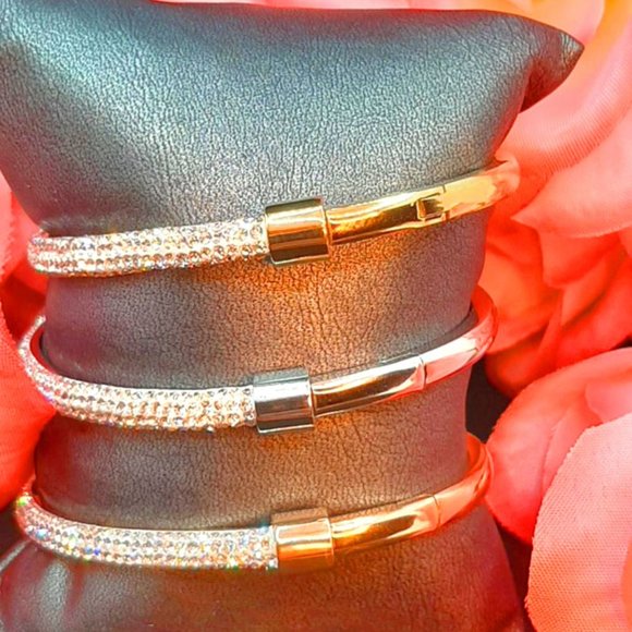 Luxury Women Rhinestone Bangles, Rose Gold Bangle, Silver Stainless Steel Bangle - Picture 1 of 1